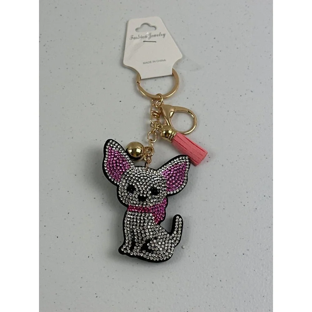 Sparkly Chihuahua Keychain With Pink Tassel & Gold Ring